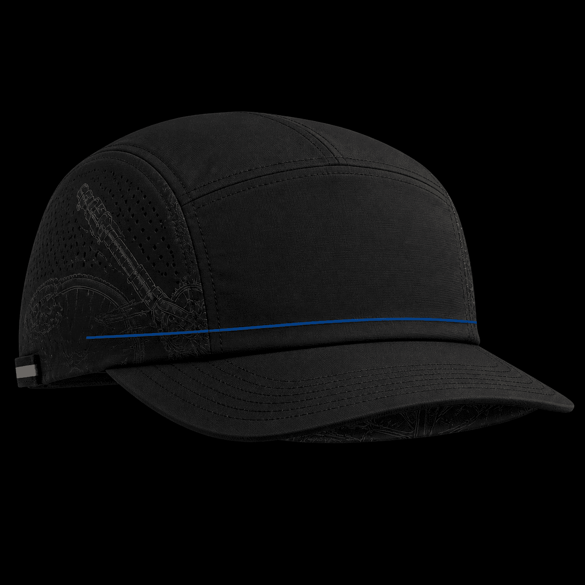 Black technical five-panel cap concept with a blank front logo zone, subtle side-panel equipment engraving and a thin cyan route line.