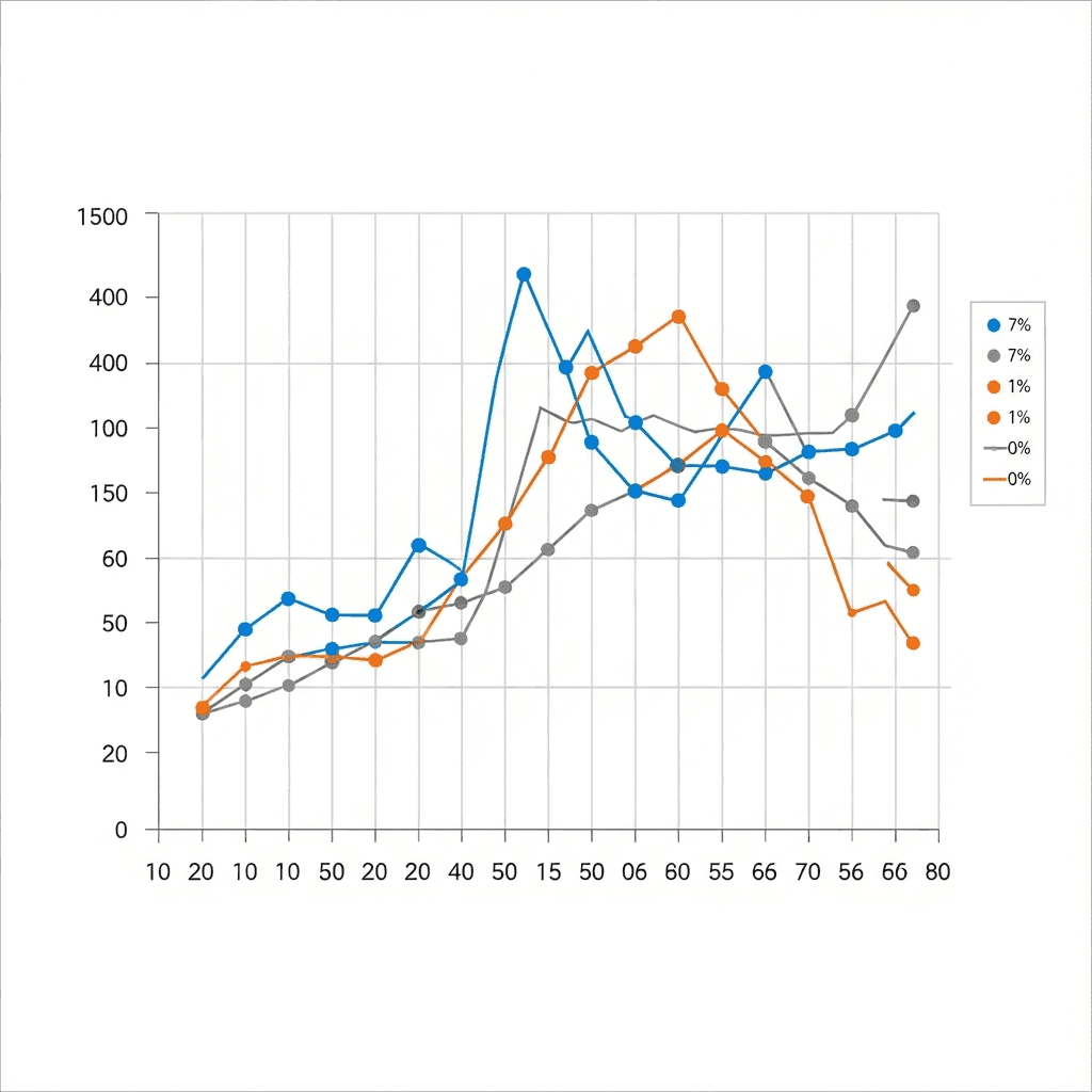 A clean, modern line graph visualization showing multiple data points connected by lines on a coordinate system, with clearly visible x-axis and y-axis, data points marked as dots, connecting lines showing trends, and a color-coded legend on the side. The graph should display upward and downward trends with multiple colored lines (blue, orange, gray) representing different data series. Professional business analytics style with gridlines and axis markers. No text or labels.