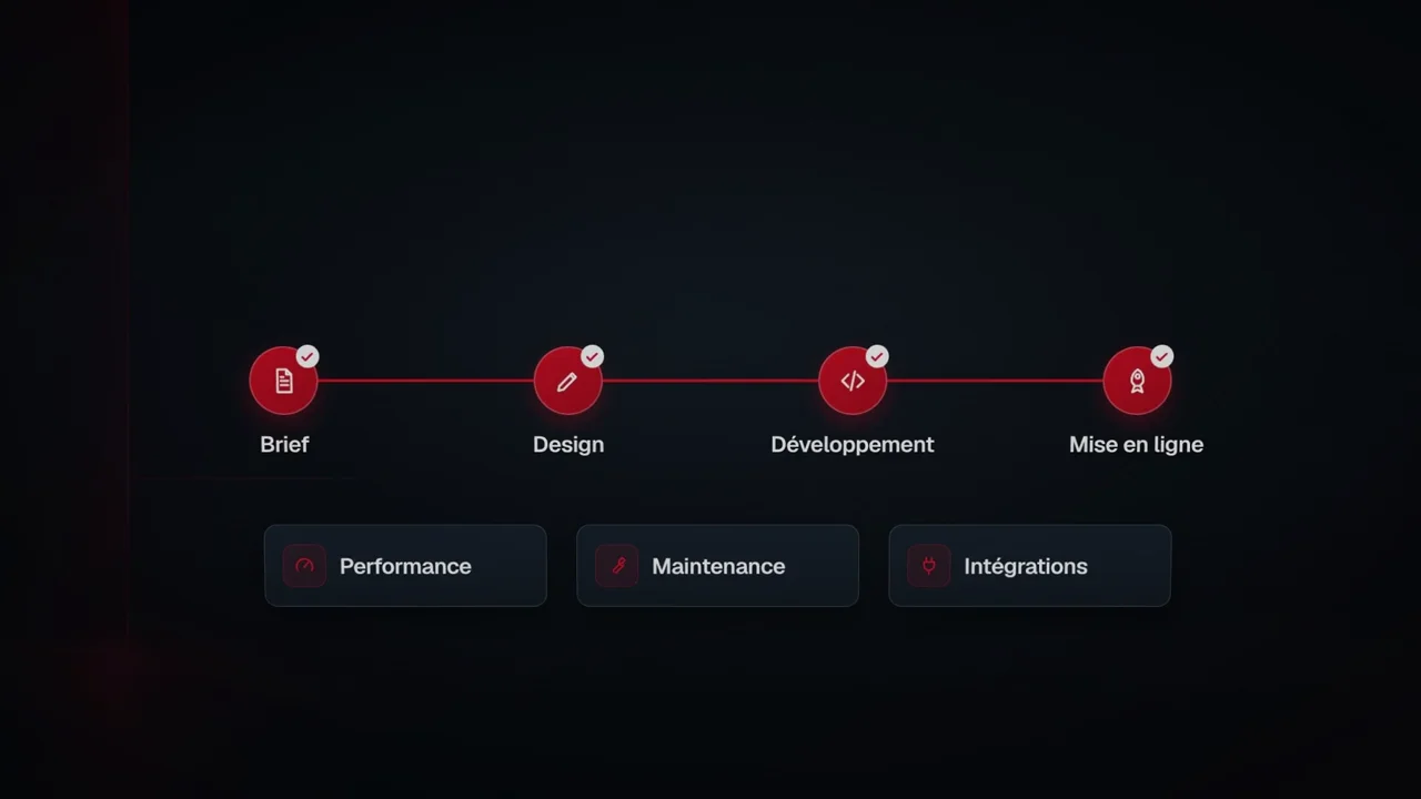 Schéma des quatre étapes d'un projet d'application : brief, design, développement et mise en ligne