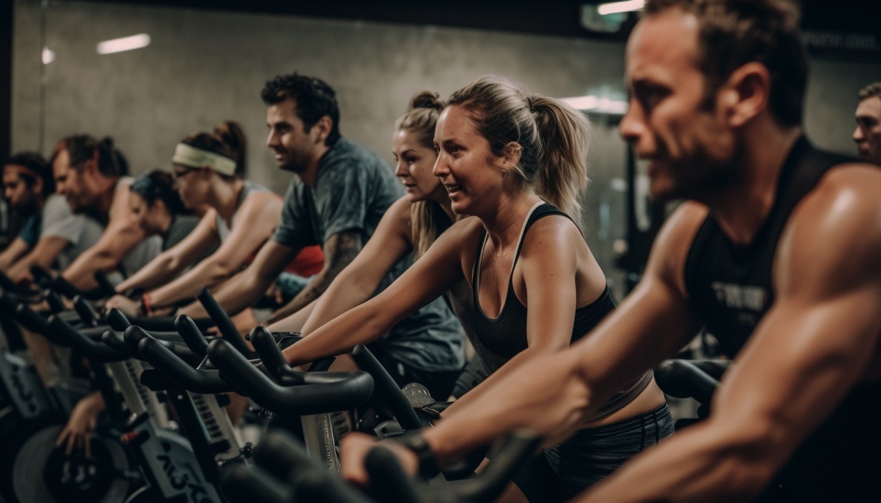 Gruppe trainiert gemeinsam im Kursraum eines Fitnessstudios