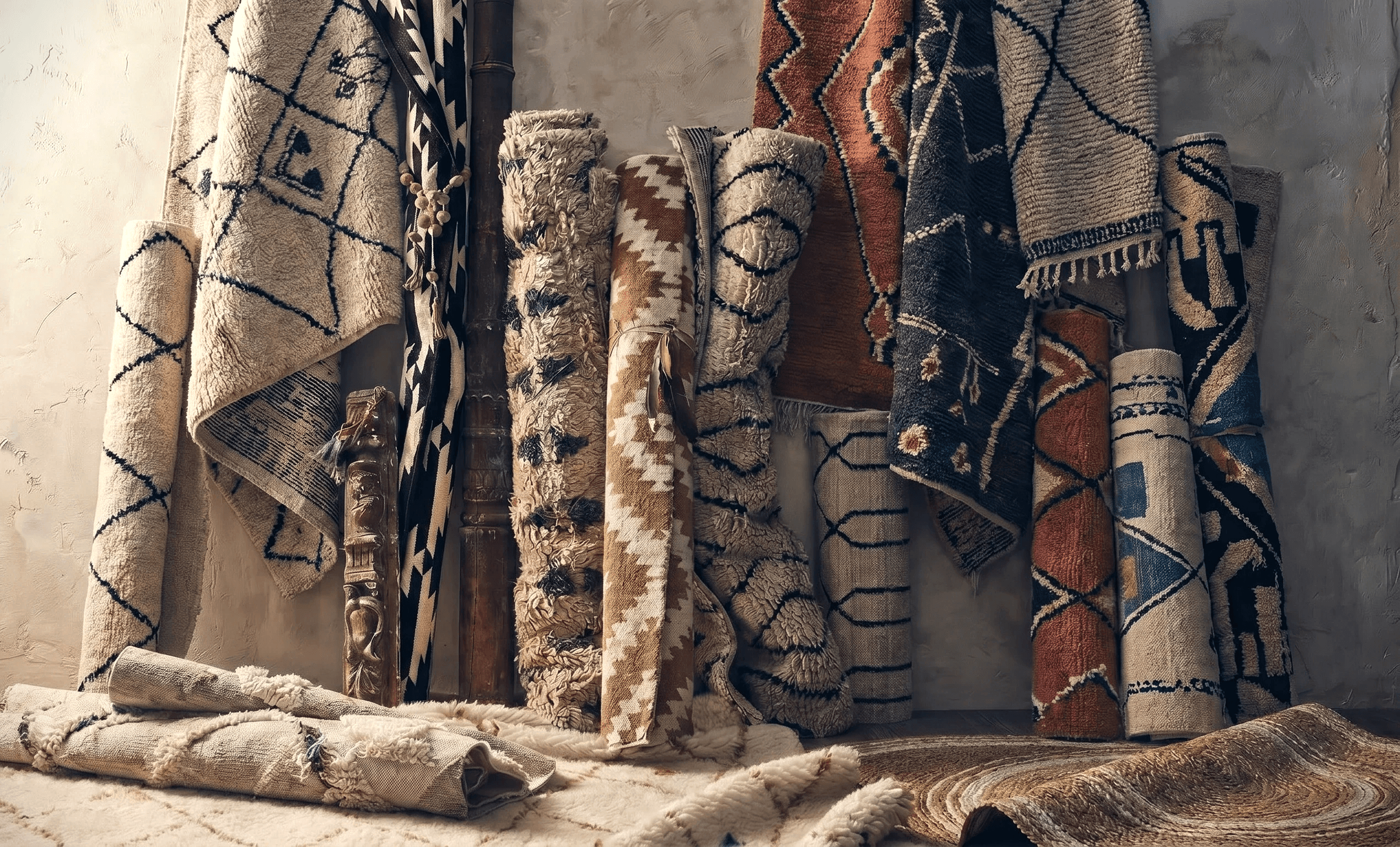 Professional rug washing service and expert antique carpet repair gallery in Rome, featuring a collection of hand-knotted modern and Persian rugs