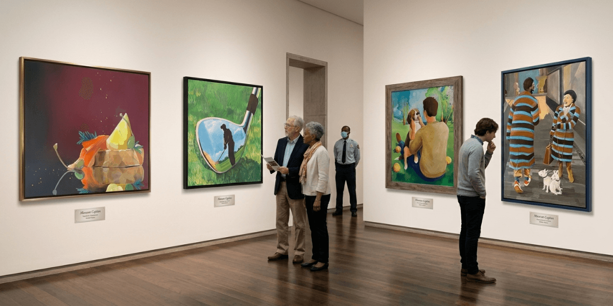 A diverse group of people view colorful, contemporary art in a gallery. Paintings include abstract fruit, a golfer, and people in park and urban settings.