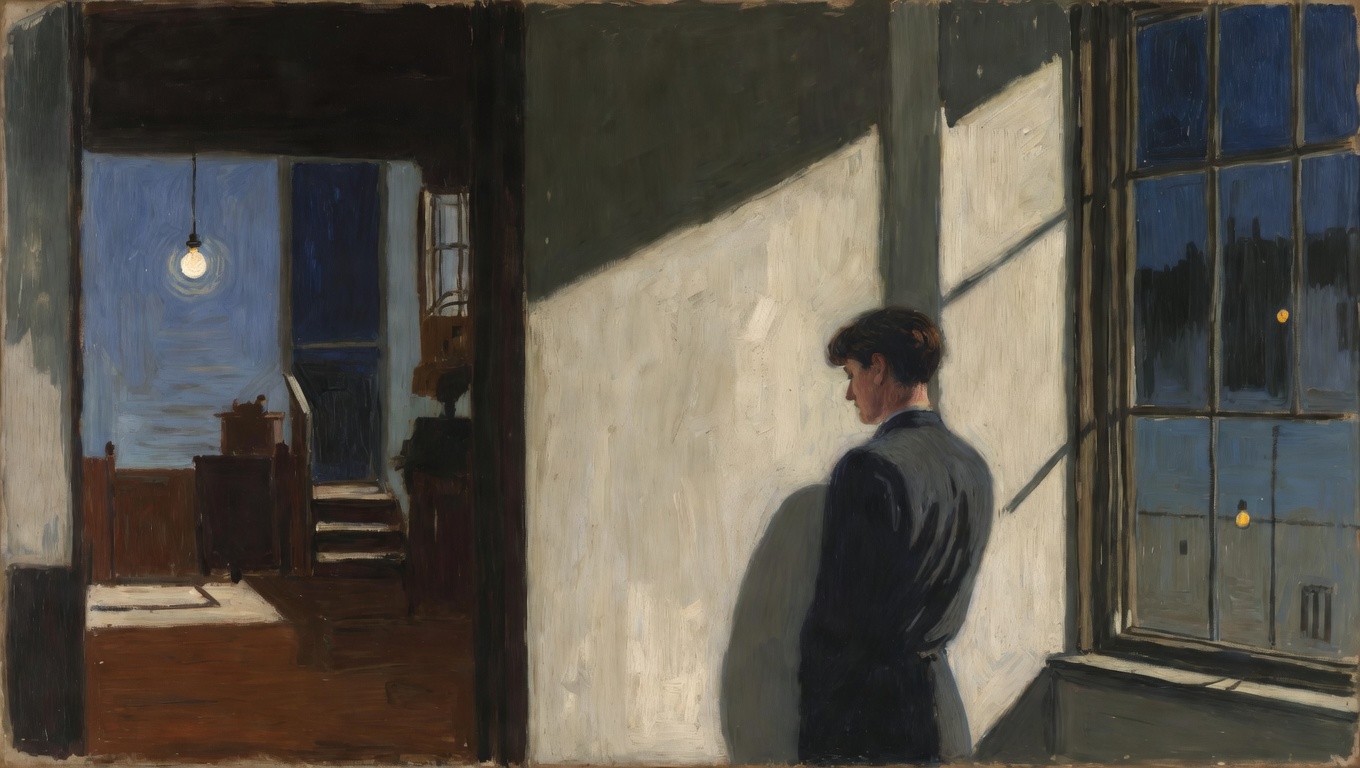 A lonely person stand alone outside an office, reflects the juniors that can't find jobs due to AI automation