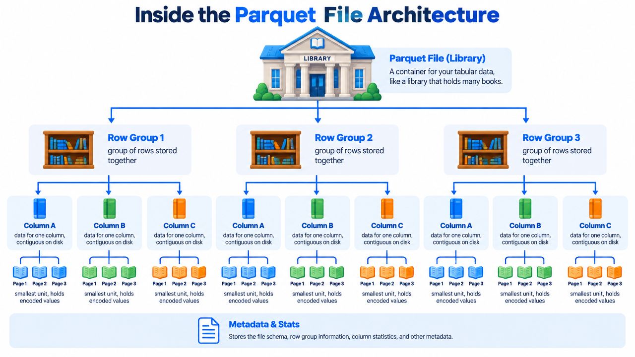 A diagram illustrating the Parquet file architecture with a library metaphor showing file, row groups, columns, and pages.