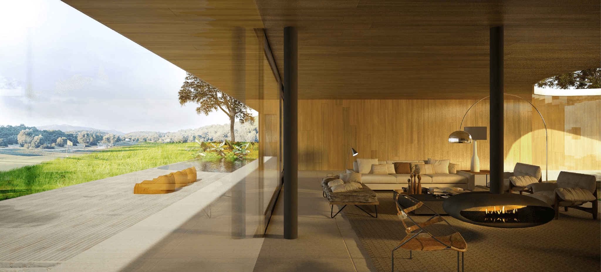 Floating House library space: Interior view showcasing the warm timber palette, curved wall, and rich artisan wood details.