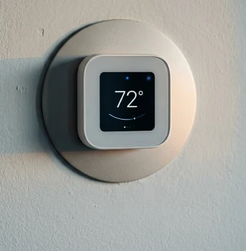 Smart thermostat on a wall, displaying 63 degrees