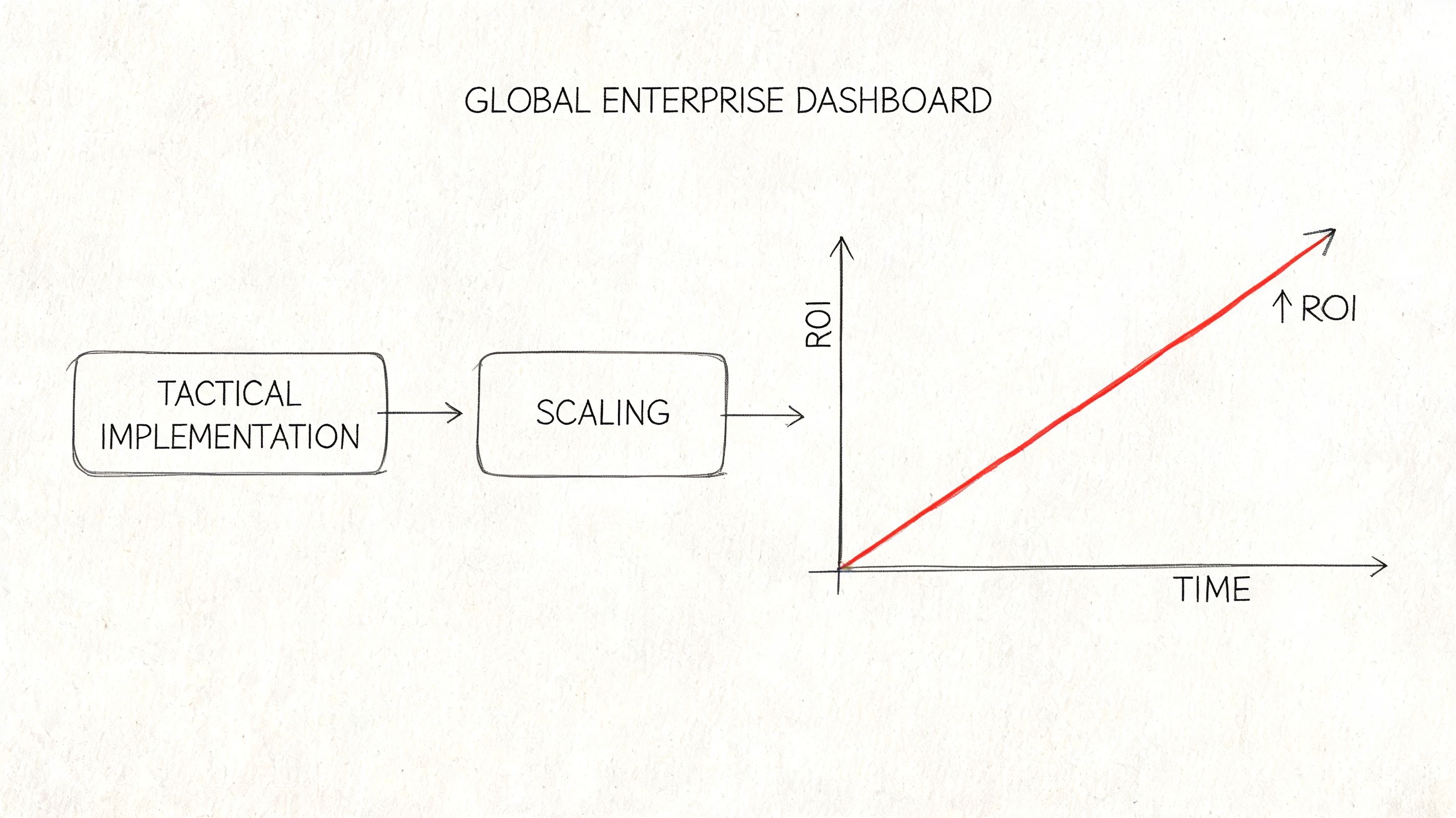 A hand-drawn business flowchart showing tactical implementation and scaling leading to an increasing ROI over time.