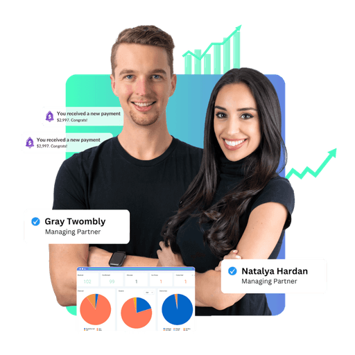 Image of Whole Founder’s two co-founders standing together, smiling, with graphs and charts in the background illustrating significant business growth.