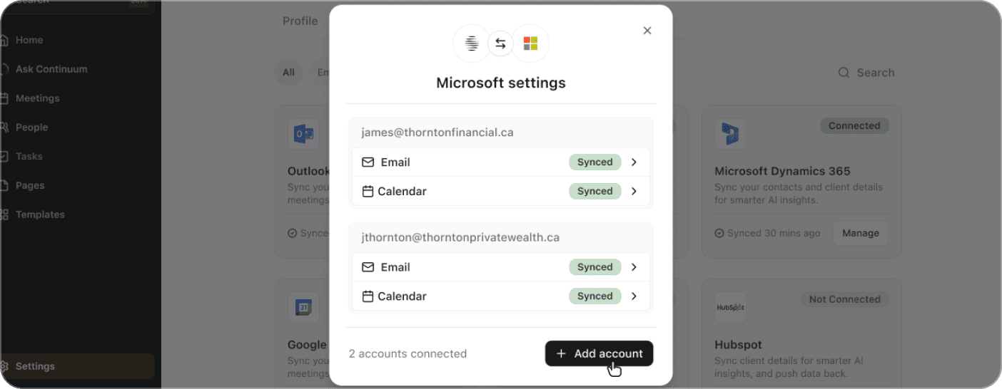 Connect More Than One Email and Calendar to Continuum