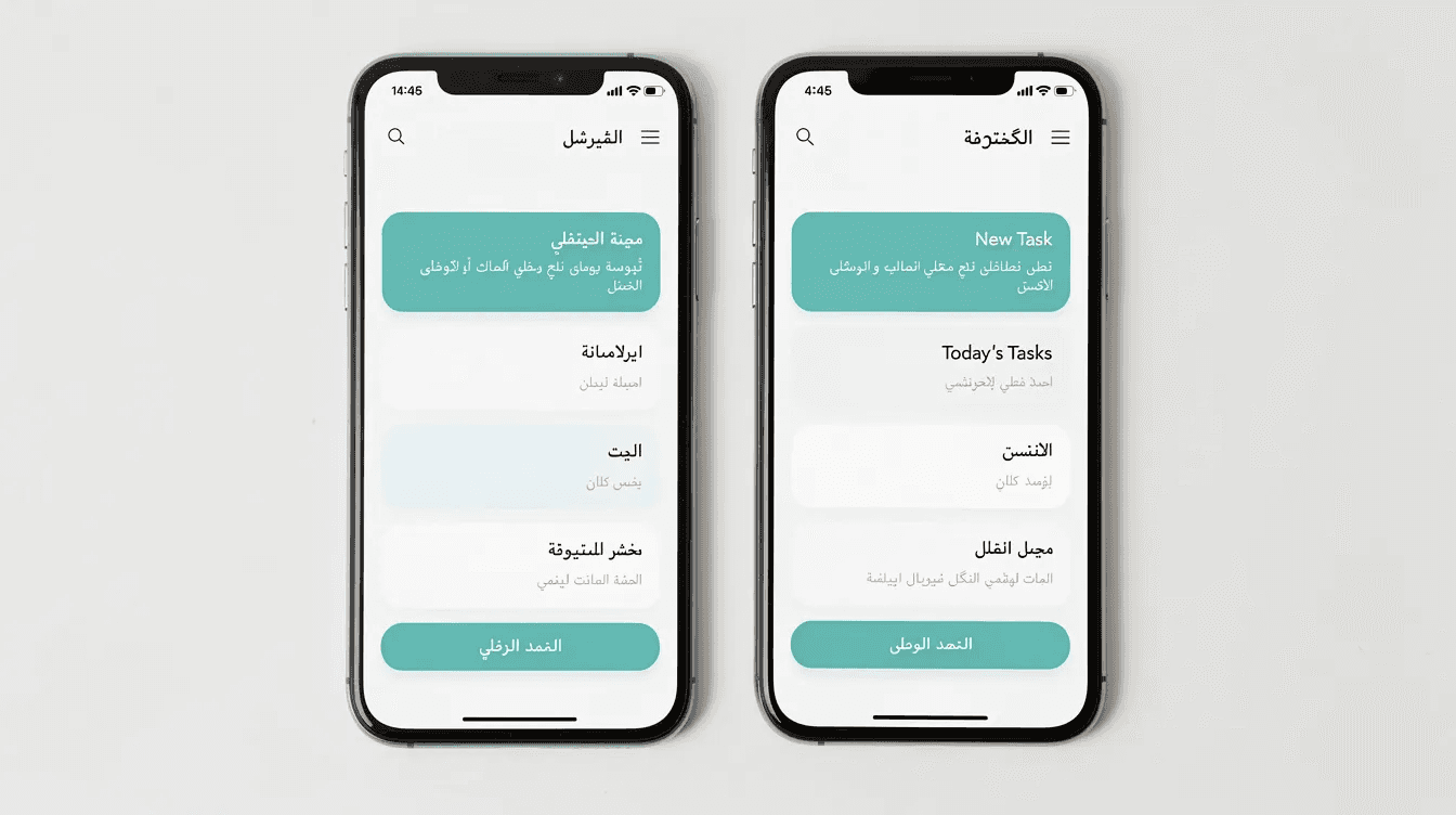The image features two smartphones positioned side by side, each displaying the same app interface: one in Arabic with a right-to-left layout and the other in English with a left-to-right layout. This visual representation highlights the importance of user-friendly mobile app development and creative design solutions tailored for diverse audiences in Dubai's competitive market.