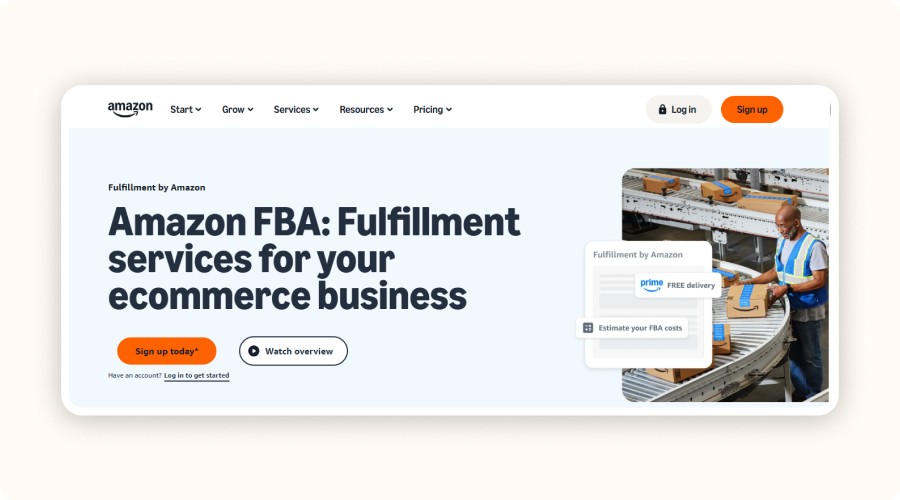 Amazon FBA presentation interface showing an employee handling packages on an automated logistics chain, illustrating the speed and reliability of Amazon’s ecommerce shipping service.