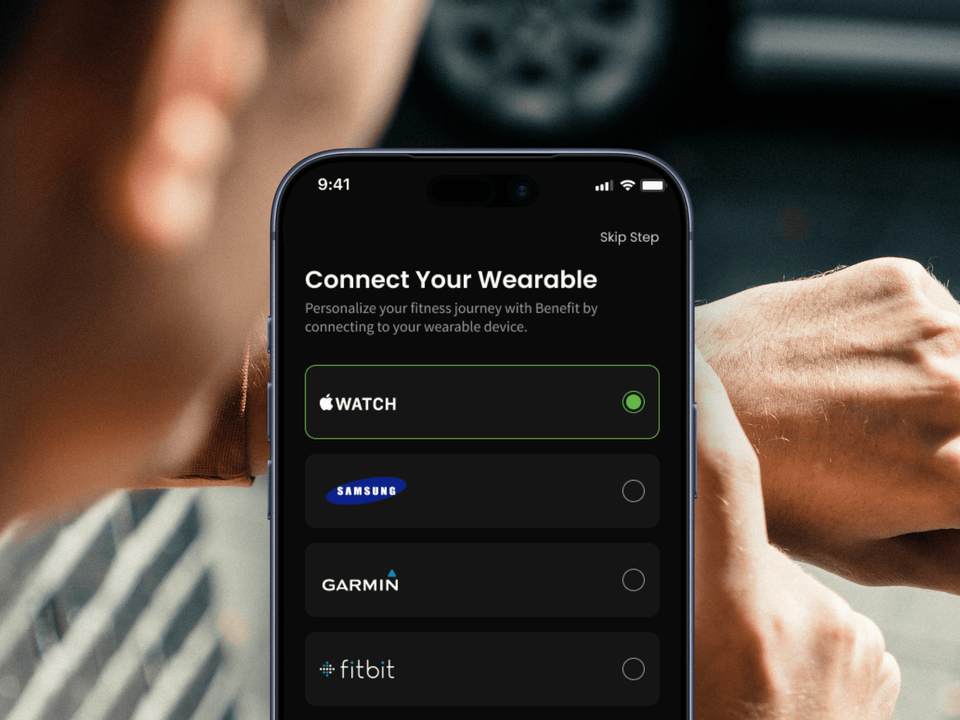 Screenshot of the BeneFit app's wearable connection screen showing Apple Watch, Samsung, and Garmin options, overlaid on a photo of someone wearing a smartwatch.