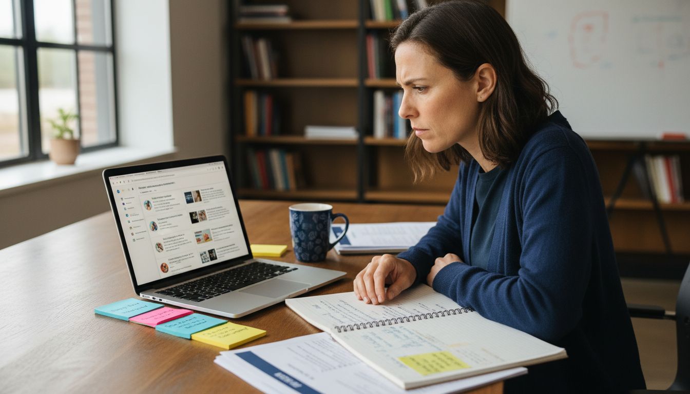 A woman sits at a desk, focused on her laptop while taking notes in a notebook, with colorful sticky notes and documents spread out around her.