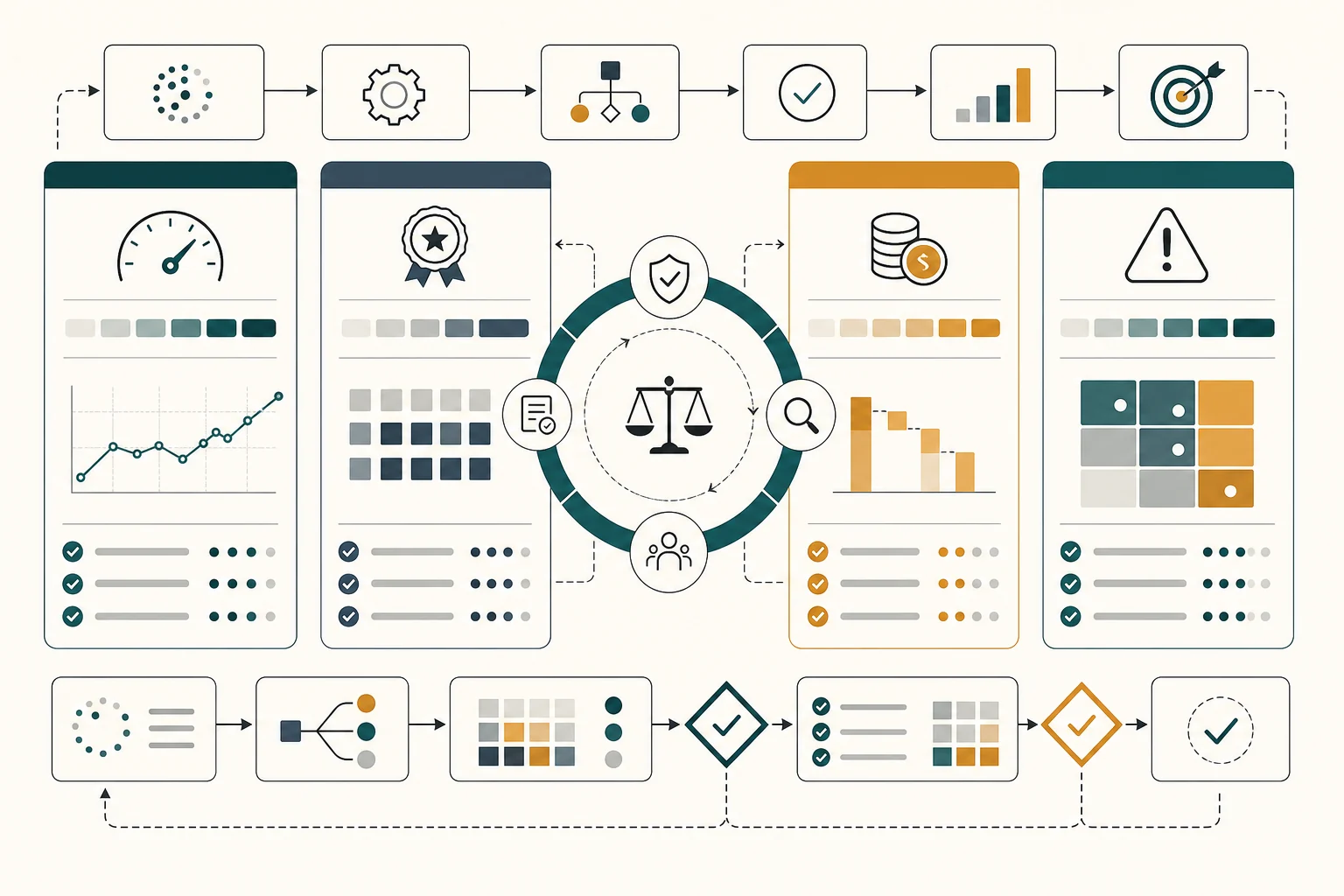 Balanced automation scorecard showing speed quality cost and risk