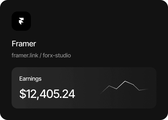 Dark Framer dashboard card for forx-studio displaying $12,405.24 in earnings and a minimalist line graph.