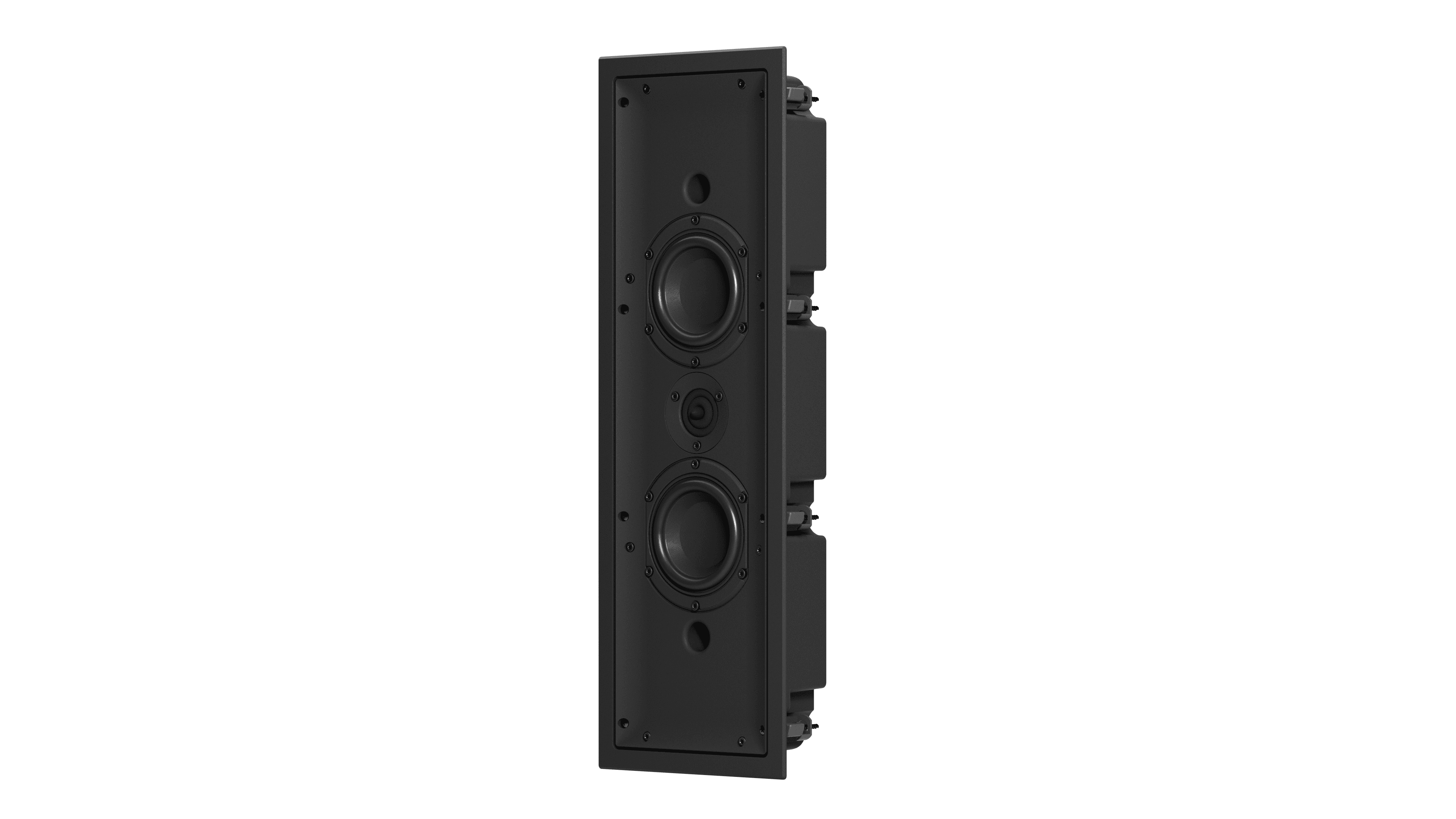 Black in-wall speaker with two woofers and a tweeter