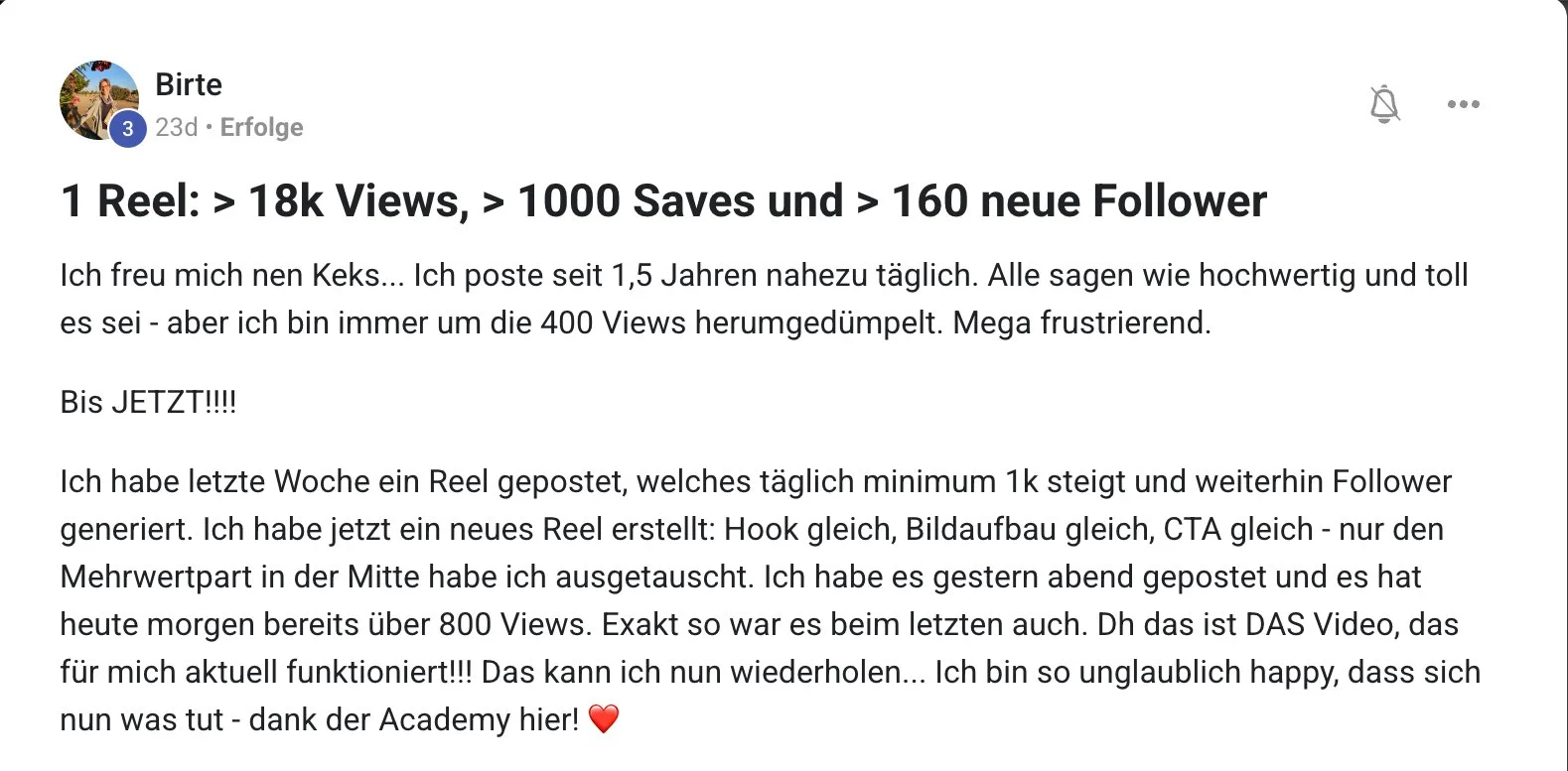 Mitglied der KI Creator Akademie: Birtes Reel erreicht über 18.000 Views und 160 neue Follower