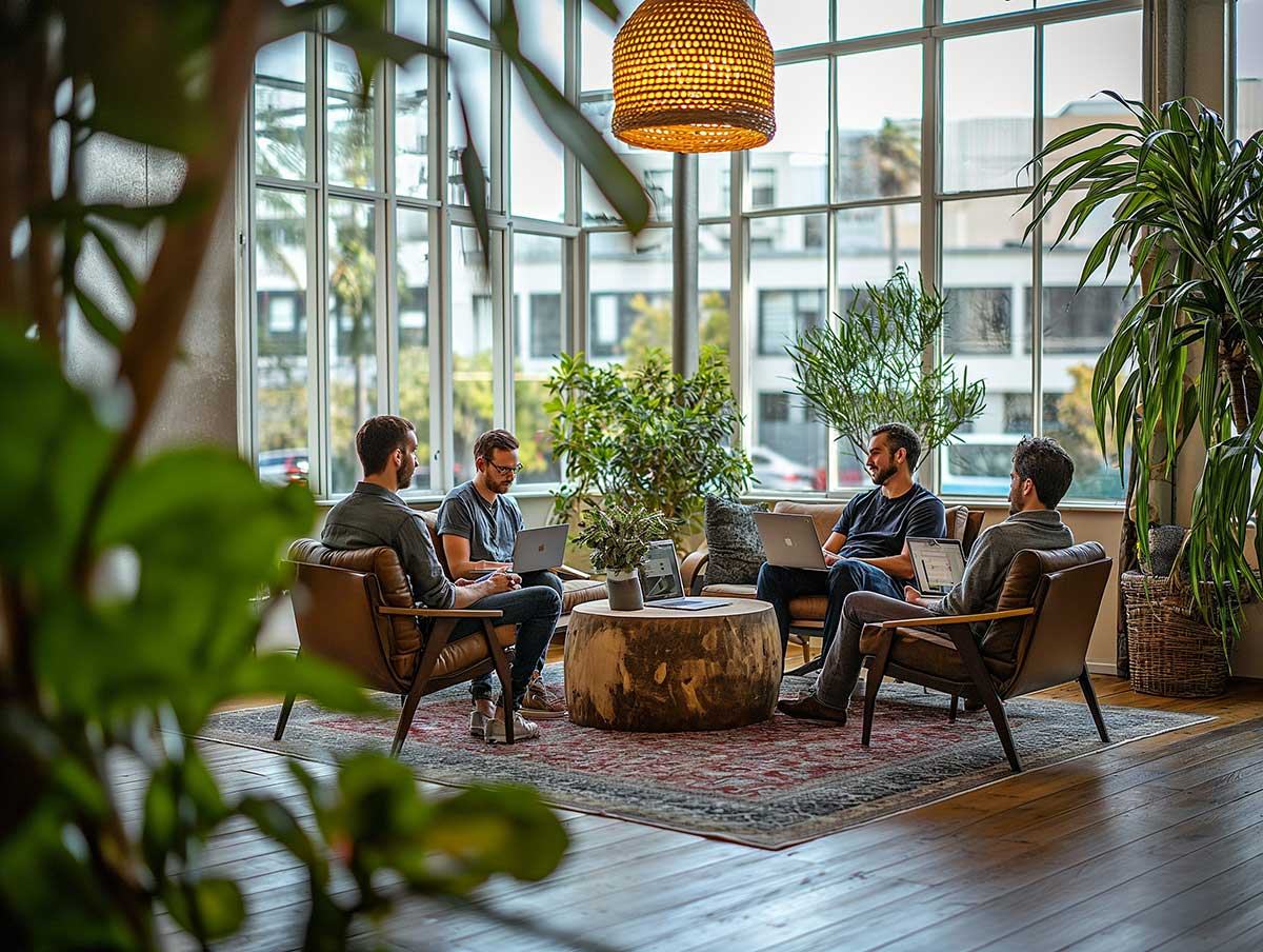 Team meeting in a bright open space with large glass windows and lots of plants