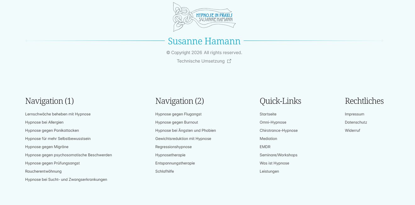 Screenshot: Footer der Website von Susanne mit den Links zu den Leistungsunterseiten, zum Beispiel Hypnose bei Allergien, gegen Panikattacken, gegen Migräne, Raucherentwöhnung und Gewichtsreduktion