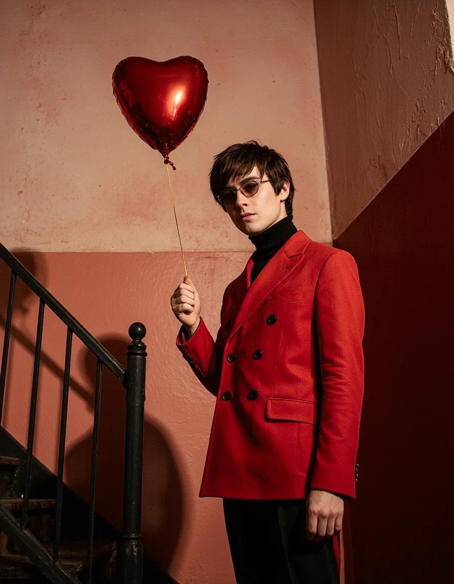 Man in red blazer holding heart balloon on pink staircase, stylish fashion portrait with sunglasses