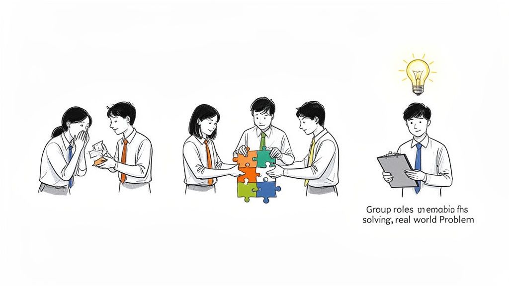 People collaborating to solve a puzzle, brainstorming ideas, and addressing real-world problems.