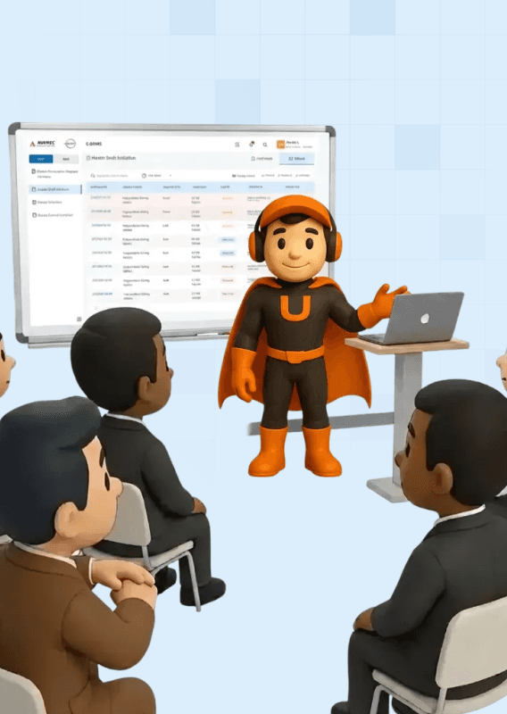 Upslide Mascot discussing problem with team