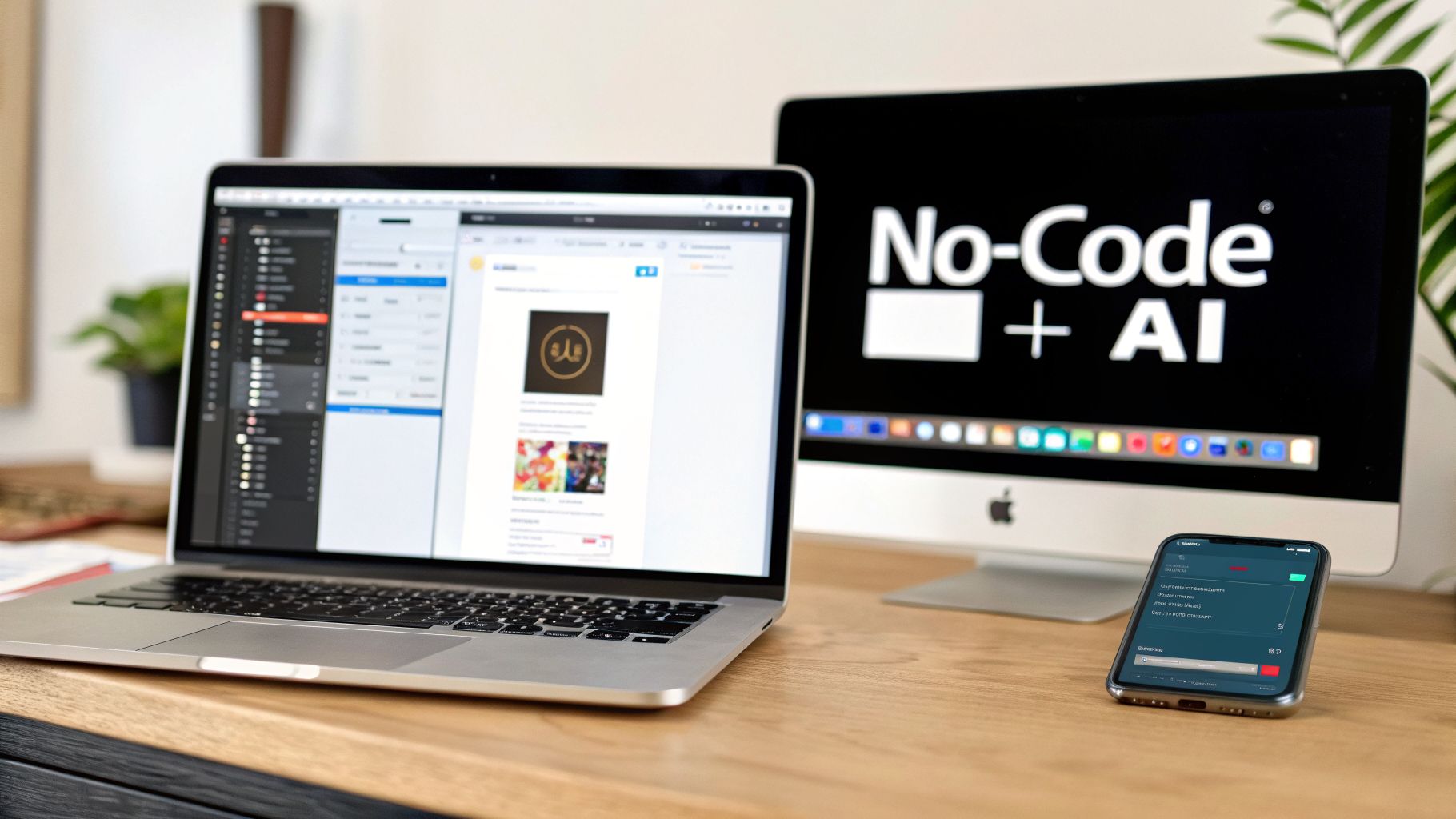 Desk setup featuring a laptop, monitor with 'No-Code + AI' text, and a mobile phone.