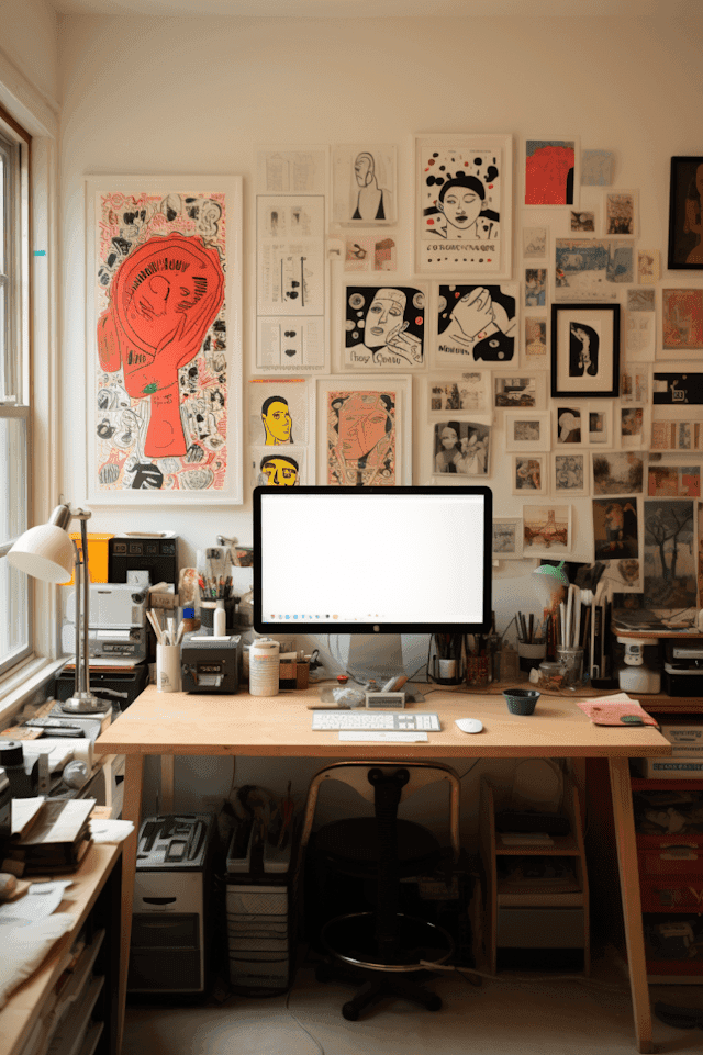 Desk with computer monitor in a cluttered, creative studio or artist's workspace with a wall collage of posters.