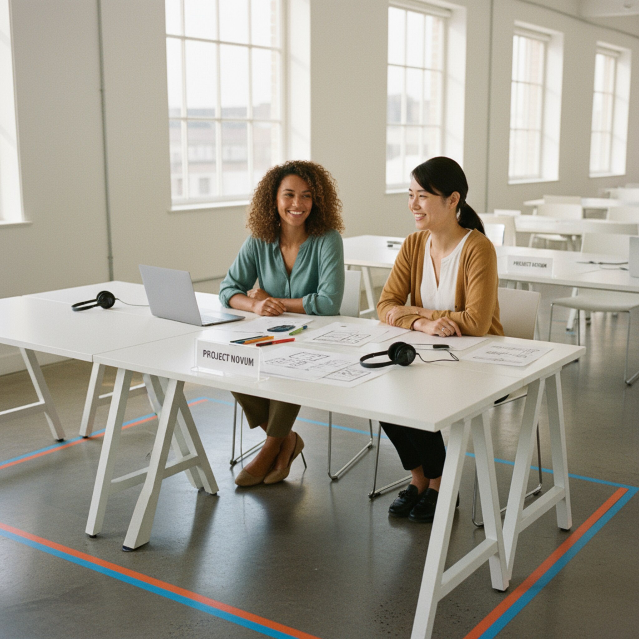 Ein Bereich mit nebeneinander angeordneten Schreibtischen ist durch farbige Bodenmarkierungen als Projektzone gekennzeichnet. Ein kleines Schild zeigt den Teamnamen, nebenan liegen Headsets und Skizzen. Zwei Kolleginnen nehmen Plätze gegenüber ein und begrüßen sich mit einem Lächeln. Im Hintergrund bleibt eine freie Reihe für ein zweites Team.