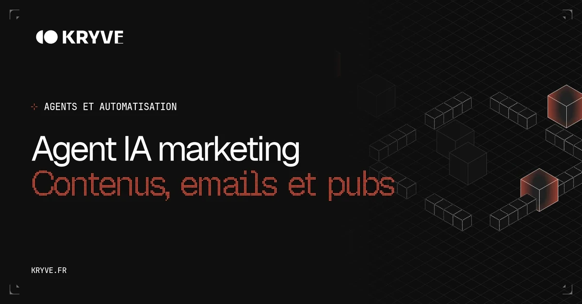 Agent IA marketing, contenus, emails, pubs et SEO en 2026 : couverture Kryve, catégorie Agents et automatisation