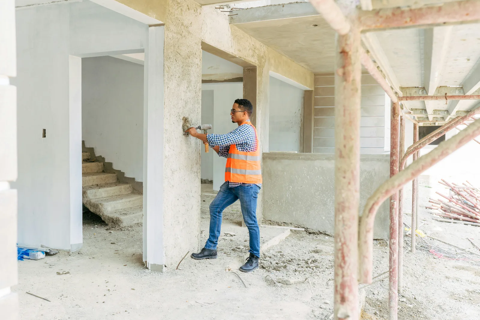 Строителен работник мажe стена на обект със скеле