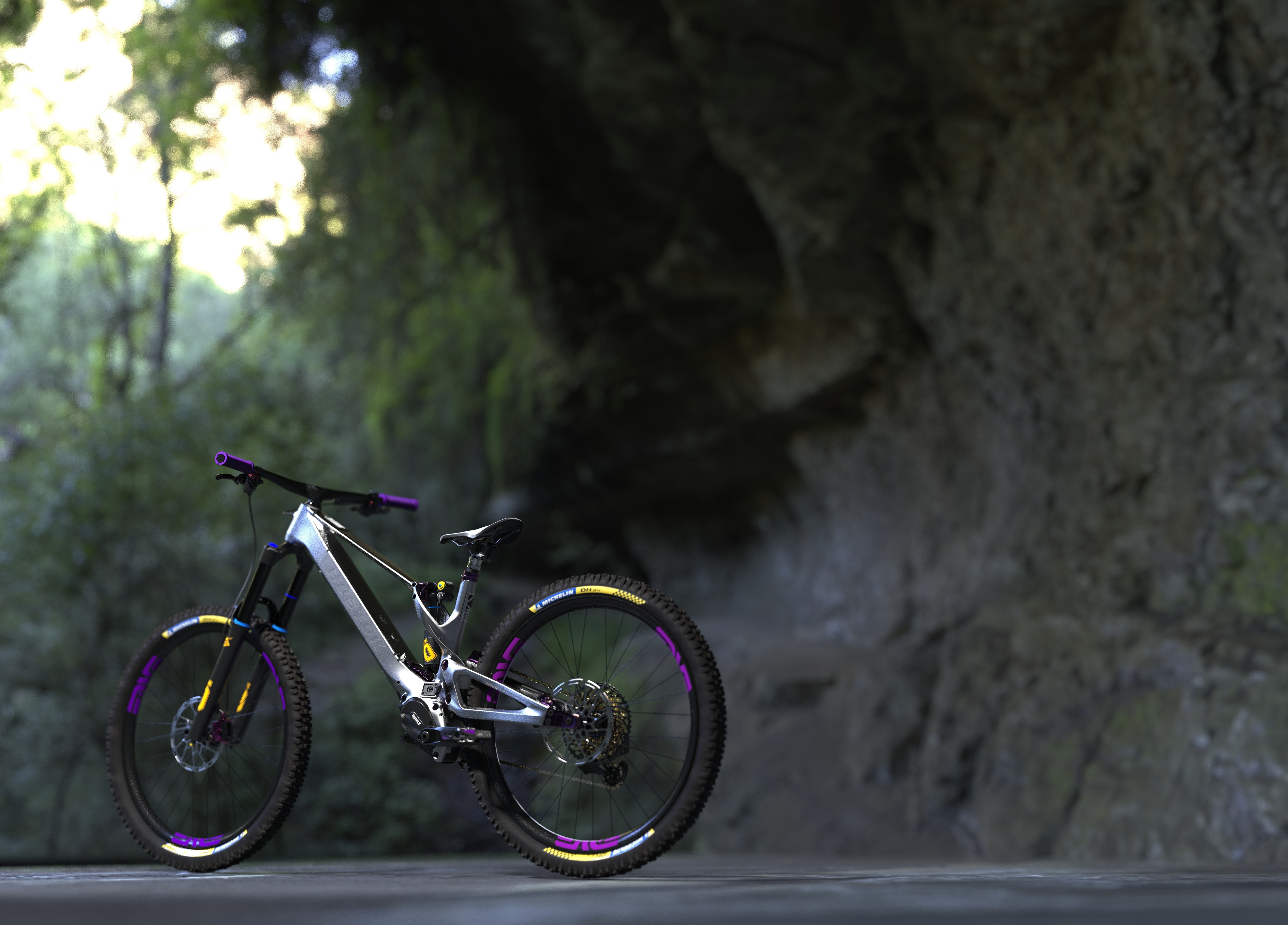 Electric mountain bike parked in front of a rugged rocky cliff, ready for off-road adventure.