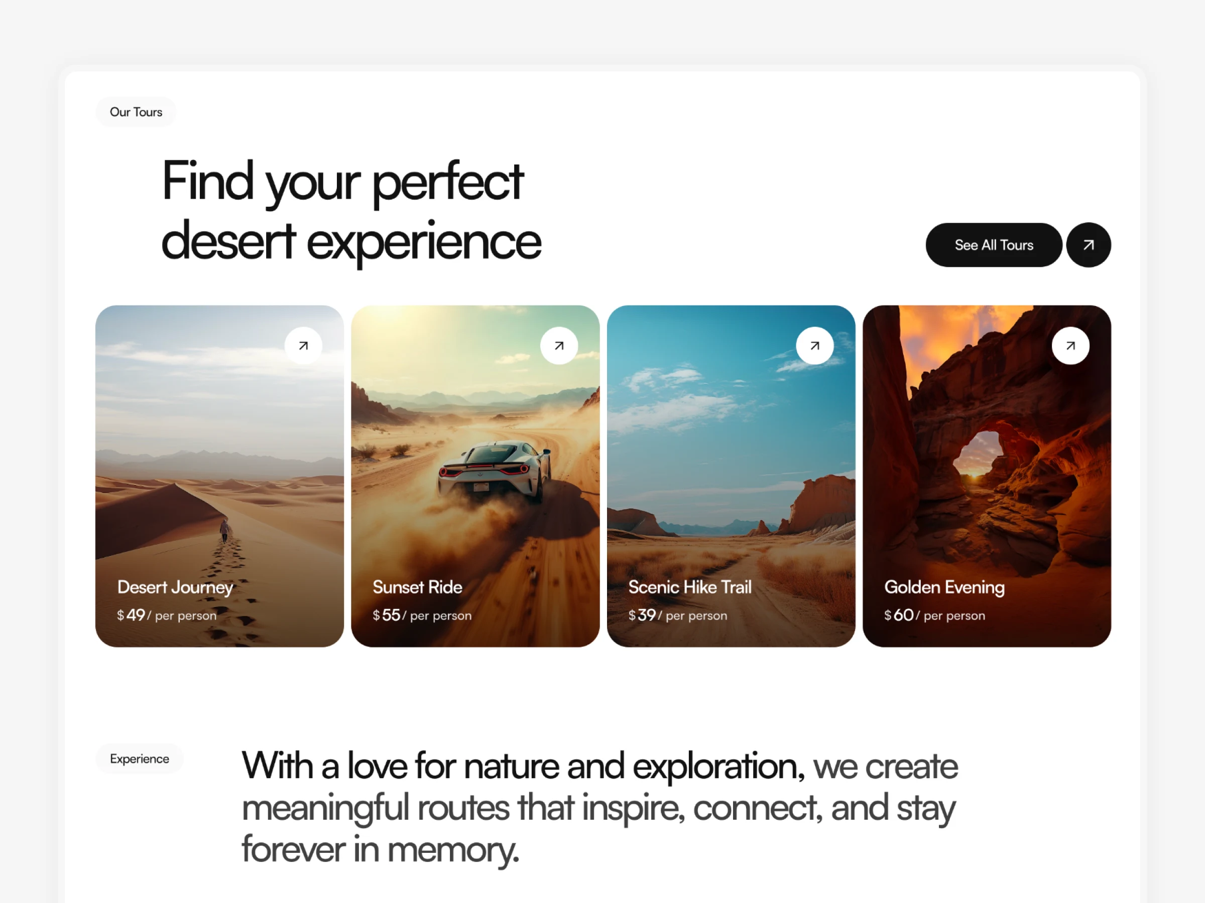 Tours grid section showcasing desert experiences in Marwa travel template