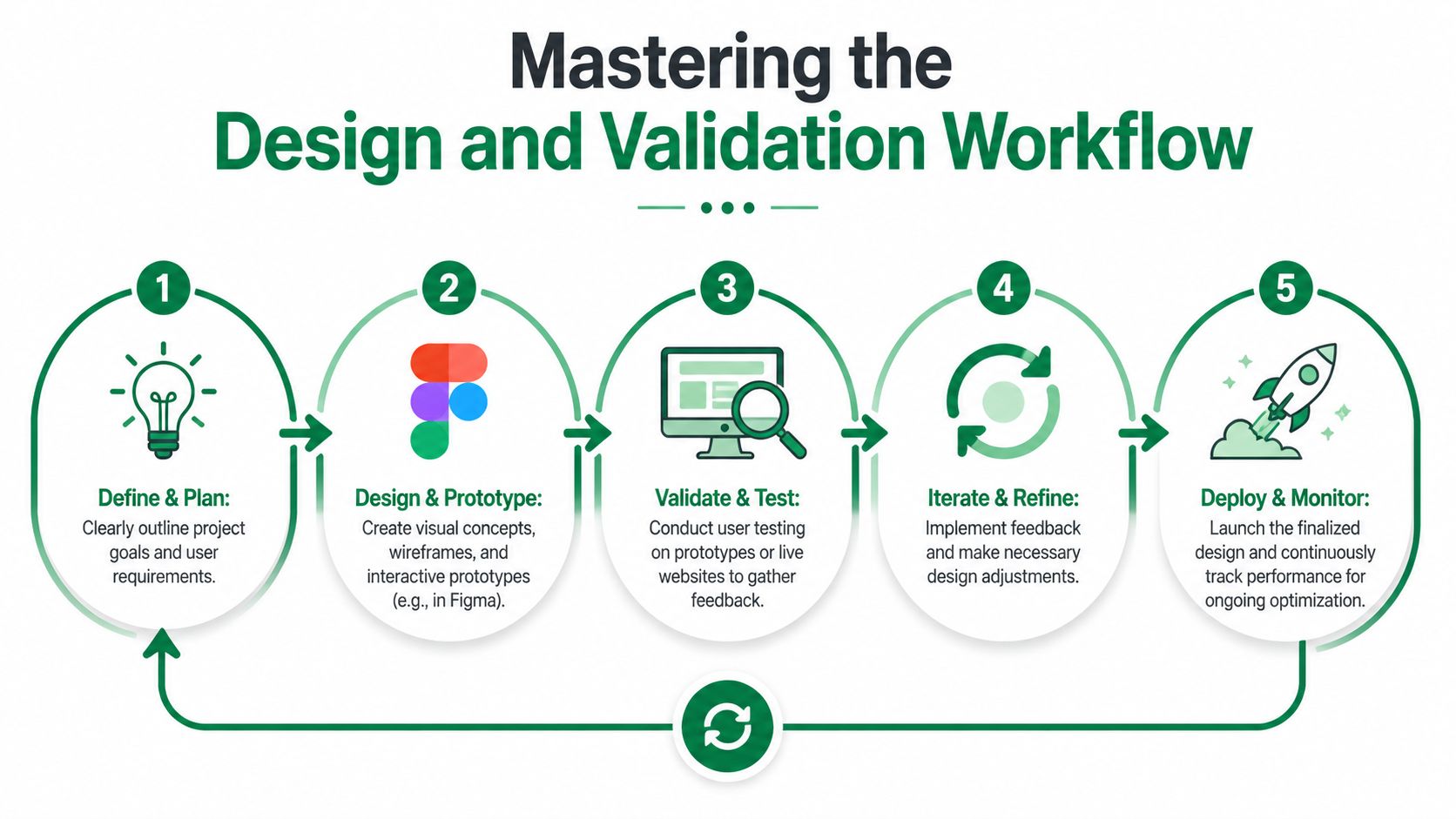 A five-step infographic showing the design and validation workflow from planning to deployment and monitoring.