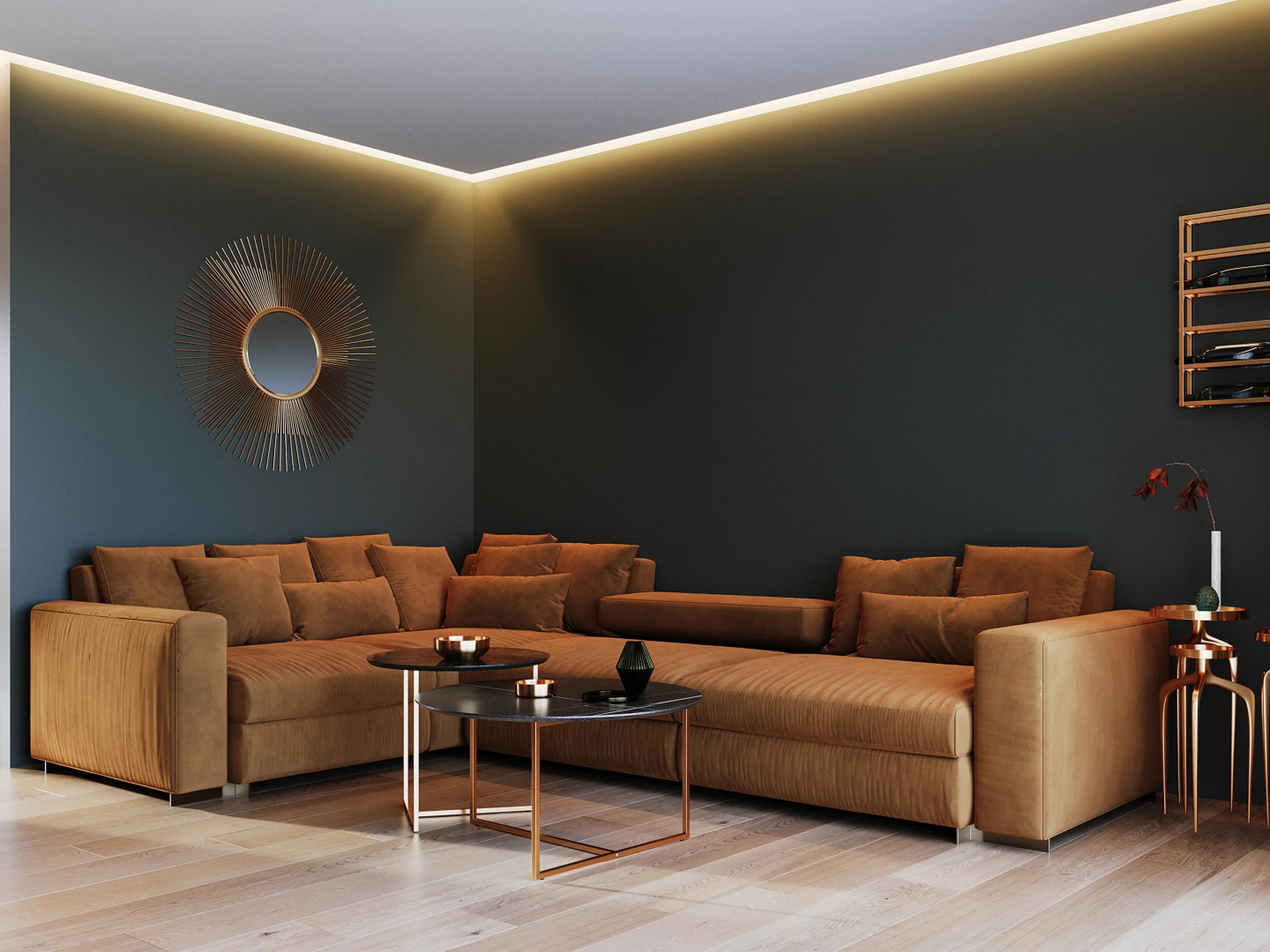 Détail — tablette en frêne et verrerie.