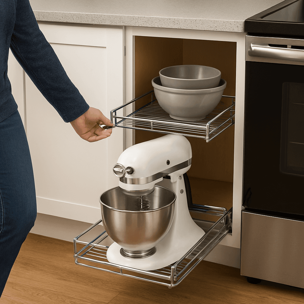 A person easily sliding out a two-tiered chrome pull-out shelf from a base kitchen cabinet. On the shelf are a stand mixer and a stack of mixing bowls, items that would normally be difficult to retrieve from the back