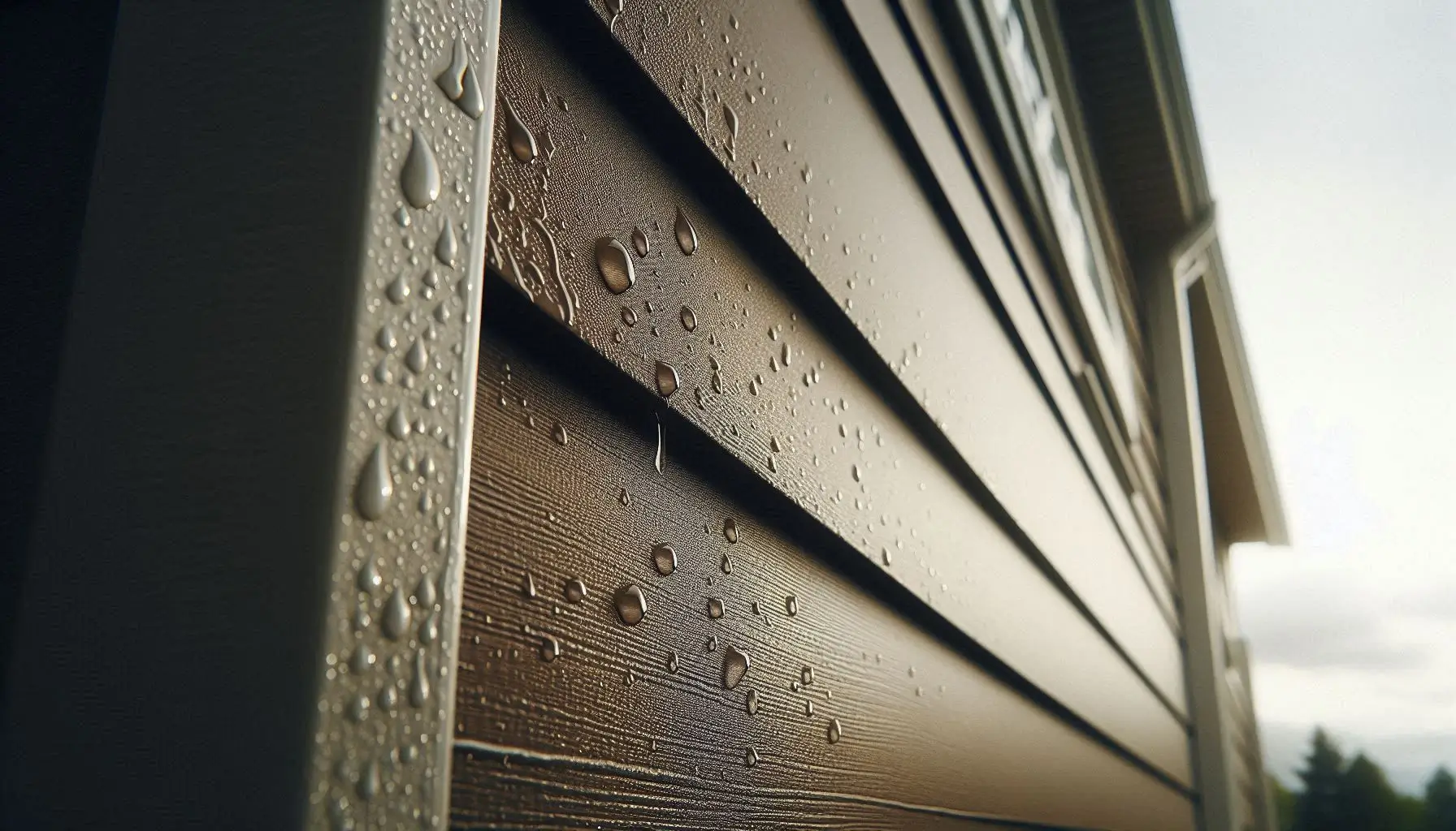 An image of water drops on the siding of a brown house.