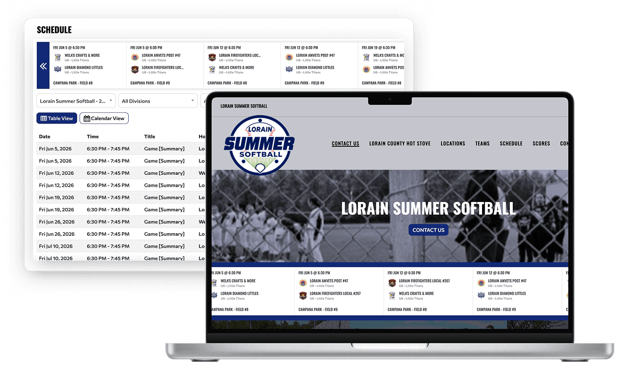 TeamLinkt softball schedule generator showing a conflict-free season schedule and club website on desktop