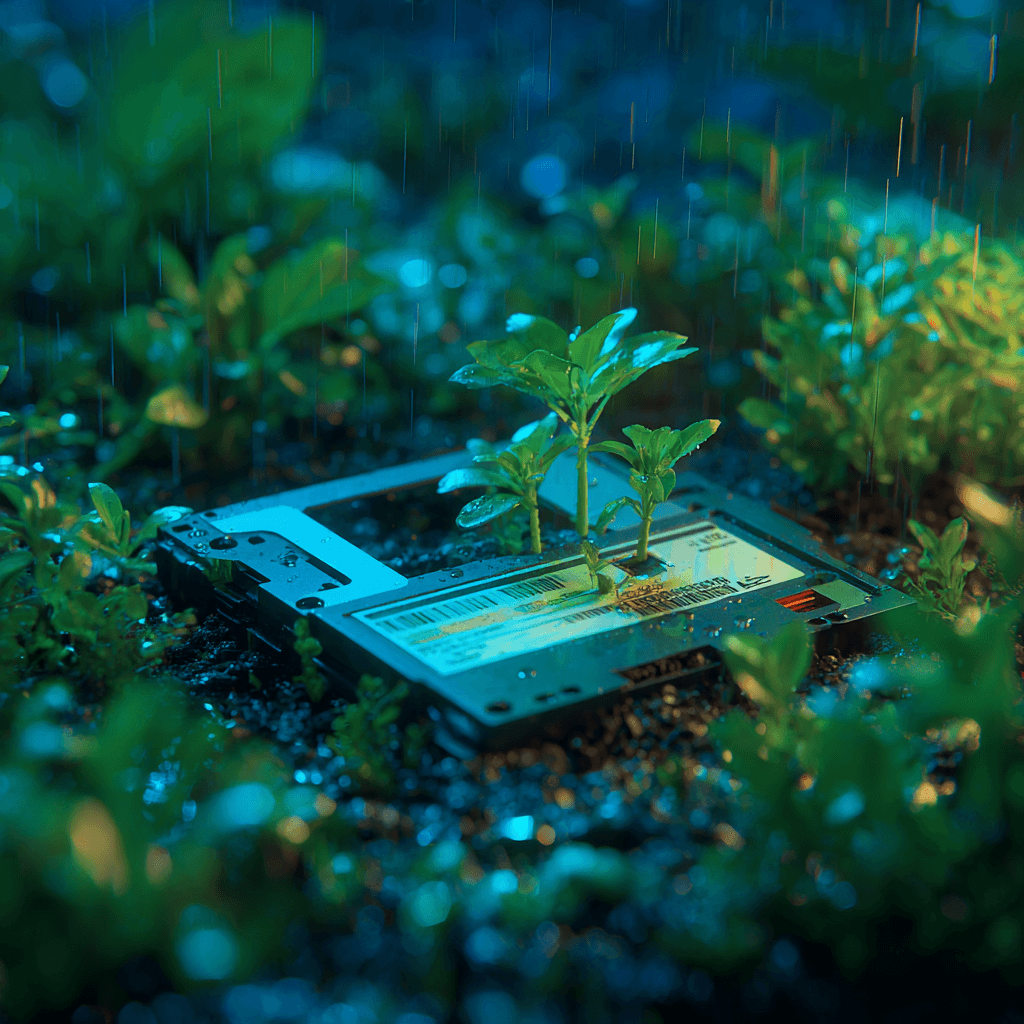Floppy disk on soil with sprouted small green leaves growing on it