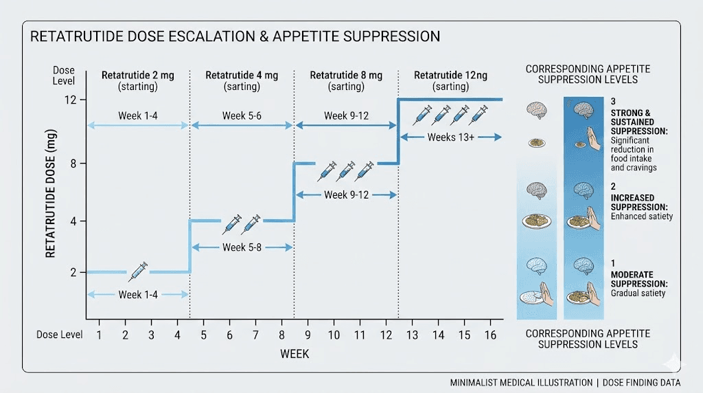 Retatrutide dose escalation schedule and appetite suppression levels