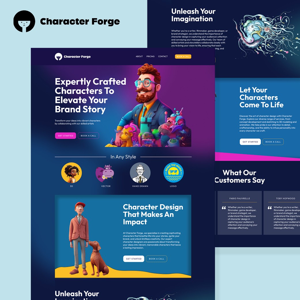 Website screenshot and logo for Character Forge