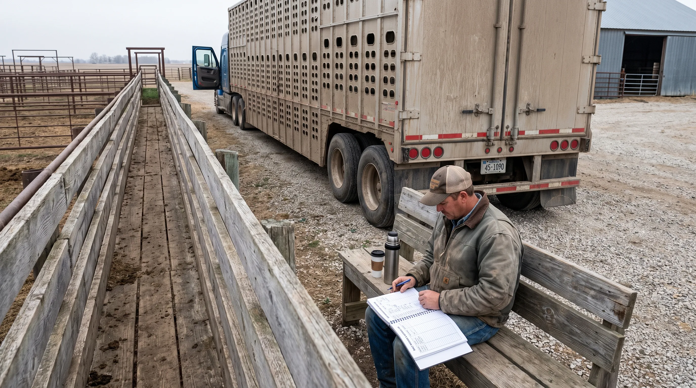 A livestock tractor-trailer waits beside a cattle loading alley while a hauler checks a mileage and expense ledger on the facility’s outdoor bench.
