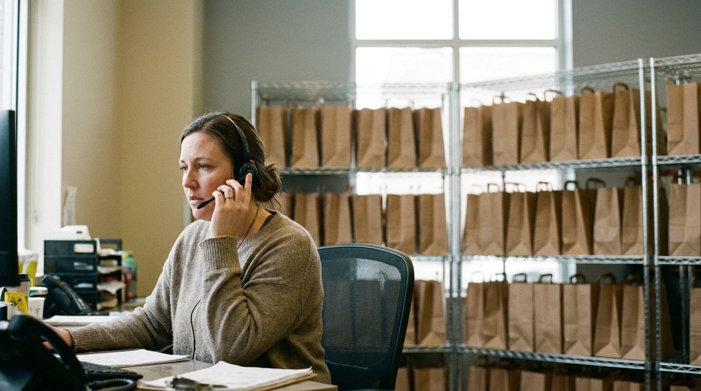 A delivery operations coordinator on a headset call in front of shelves of packed grocery bags, evoking voice AI handling grocery delivery calls