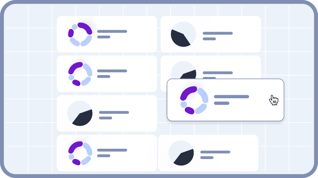 A graphic depicts multiple cards with circular or bar charts inside them with some data, showing a drag and droppable system set against a blue grid-patterned background.