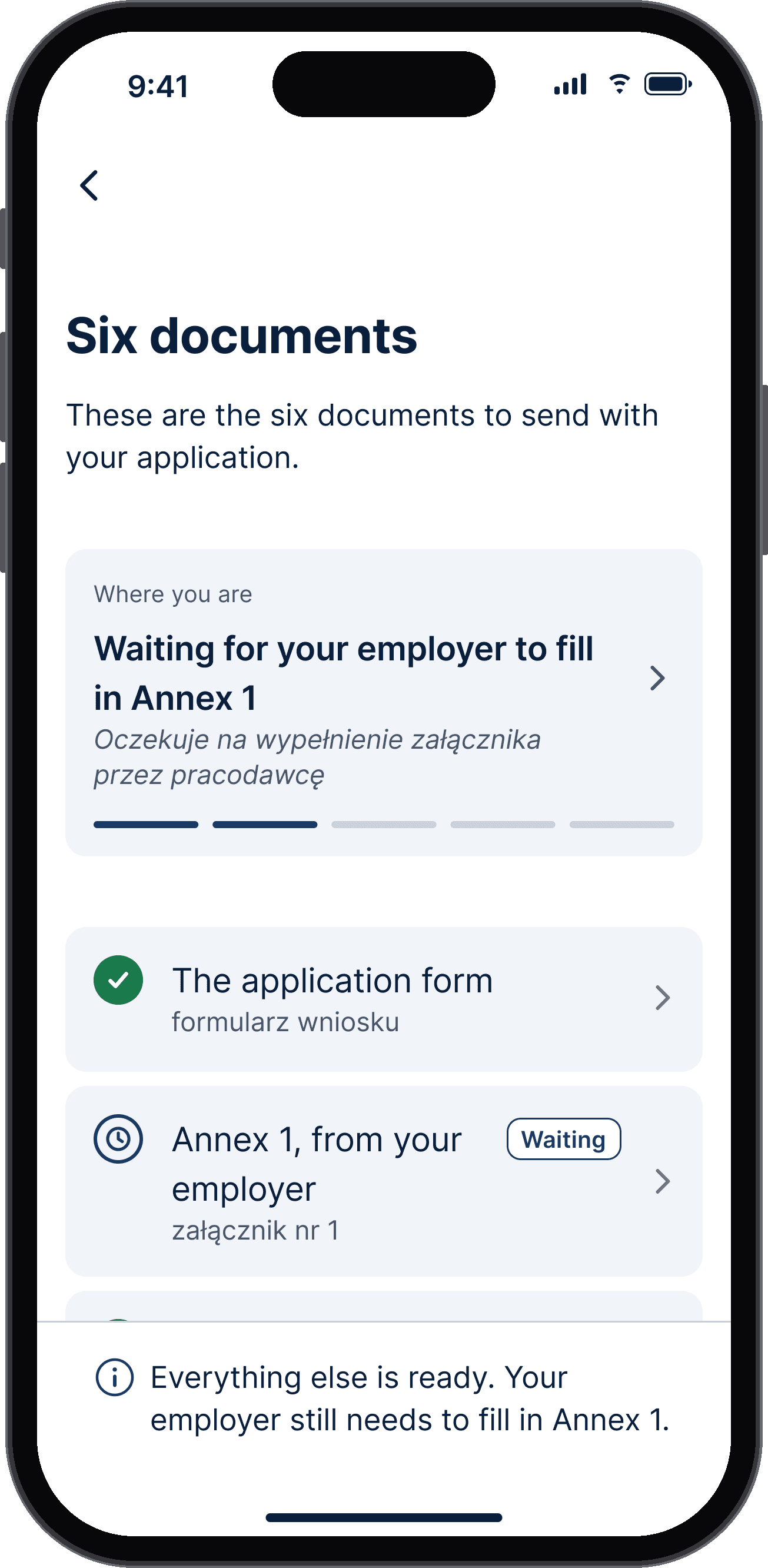 Documents screen on an iPhone, showing the application is waiting on the employer to fill in Annex 1