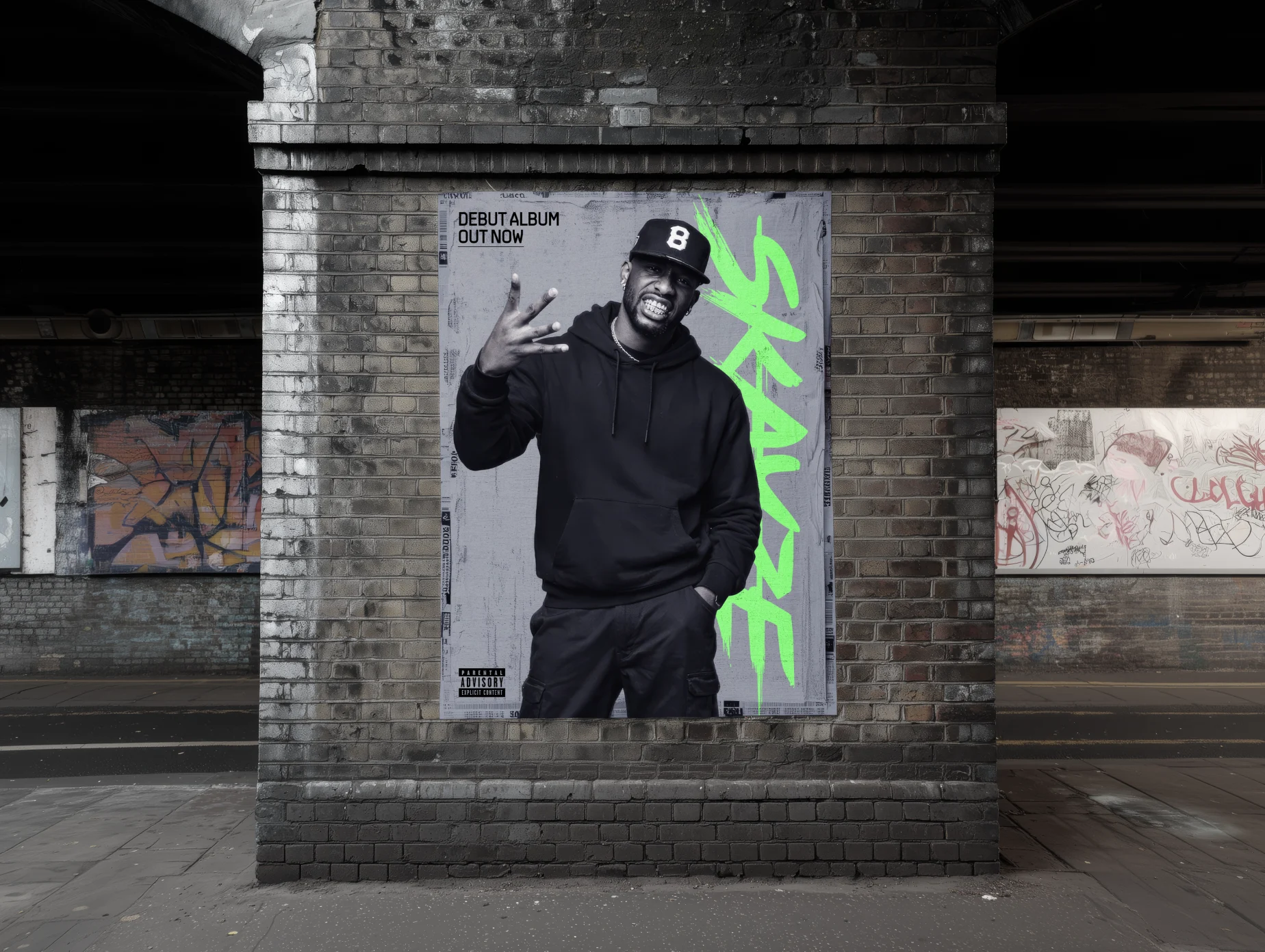 Street poster featuring London music artist Skayze Daze installed on a brick wall in a city environment.