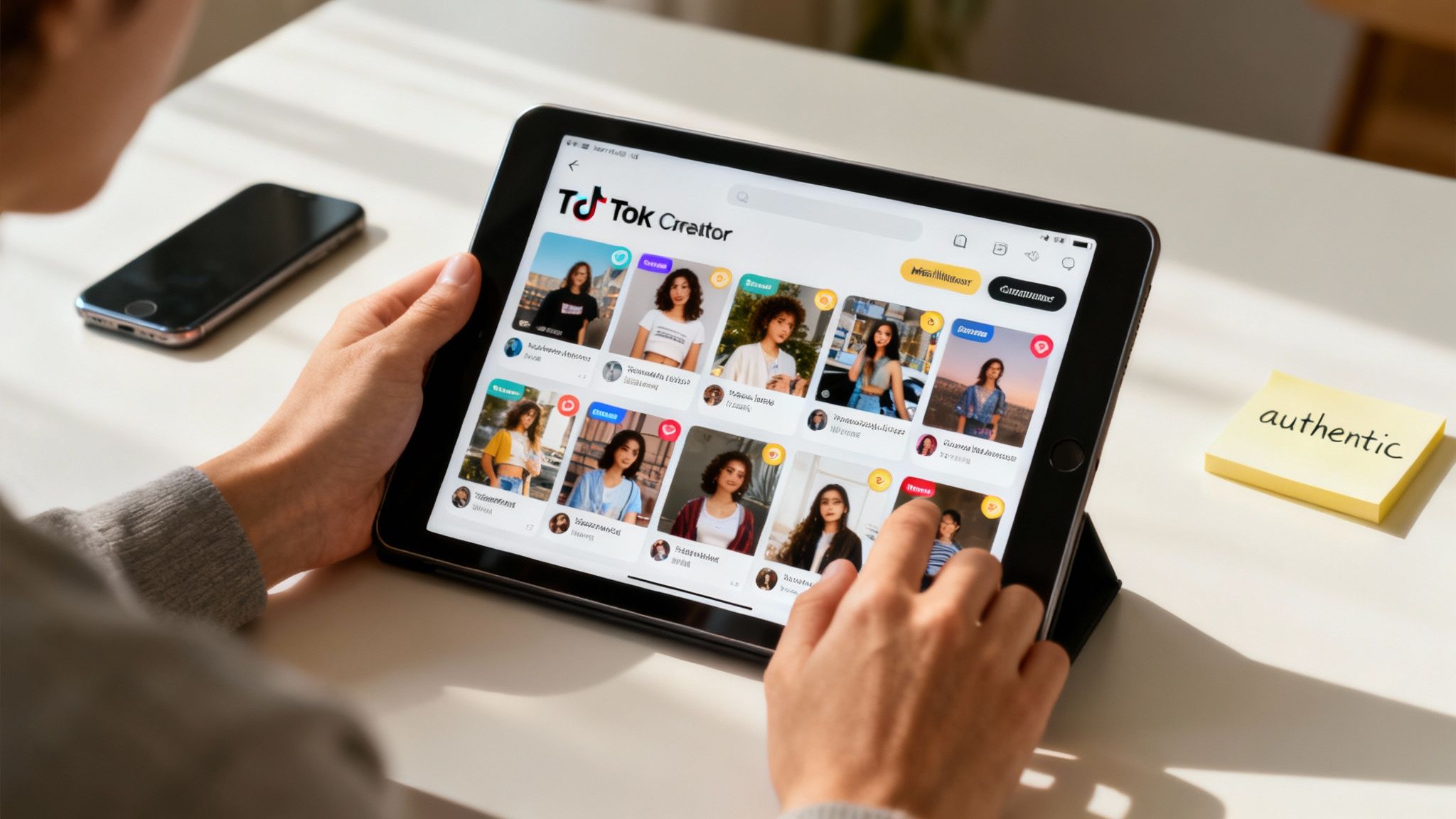 A person scrolling through TikTok on their phone to find creators, with a laptop open to a database in the background.