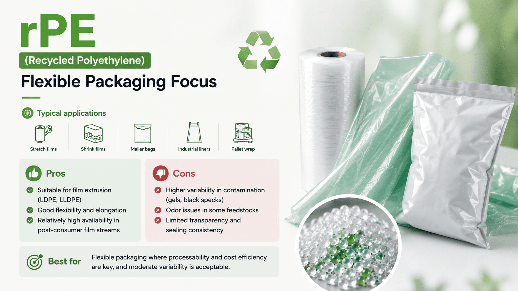 "rPE (Recycled Polyethylene): Flexible Packaging Focus" infographic