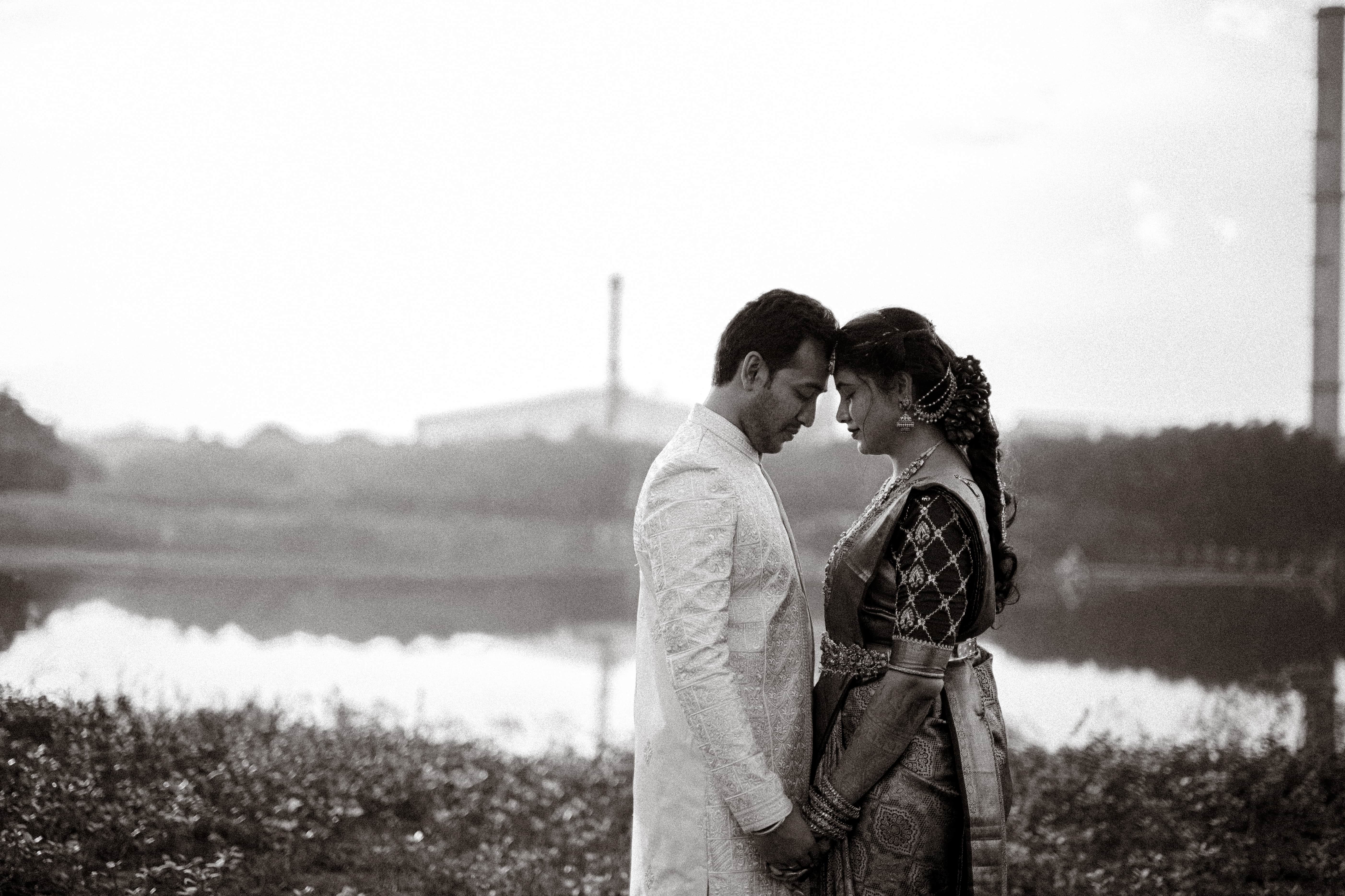 Engagement and blessing ceremony photo collage with floral backdrop, couple in ivory and pink traditional wear, by Wow Makers wedding photography in Hyderabad, India.
