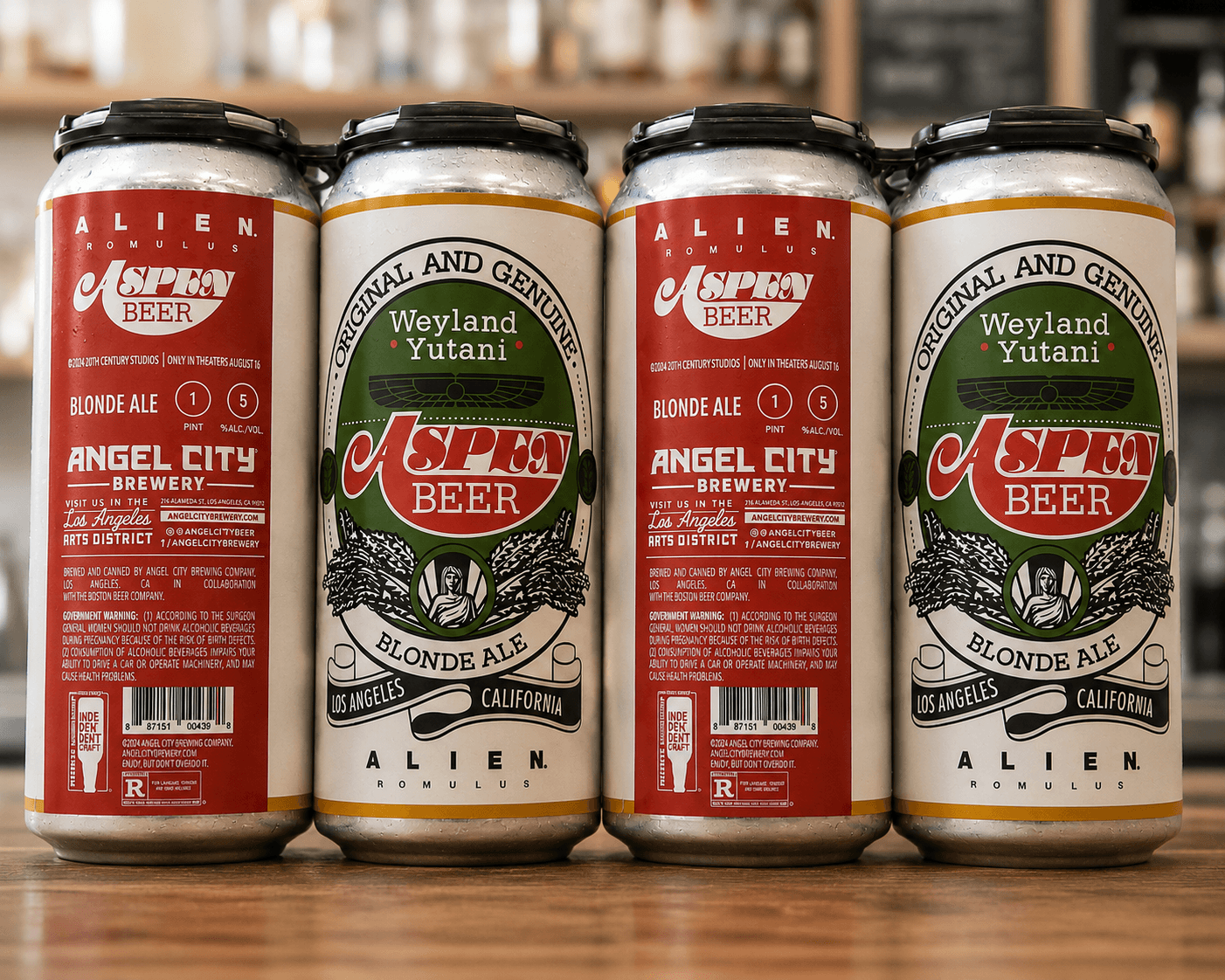 Aspen Beer cans from the Alien: Romulus × Angel City Brewery collaboration.